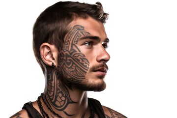 a handsome young man with a tribal face tattoo against white