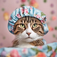 Tabby cat wearing a floral print shower cap