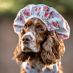 Brown and white spring spaniel with floral print shower cap