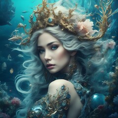 Beautiful Mermaid with white hair -Generative AI