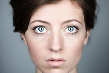 Fototapeta premium closeup studio shot of a brown haired woman with two eyes against a grey background