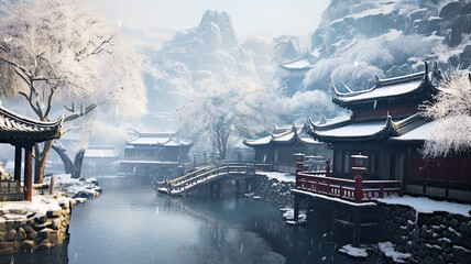 Winter landscape ancient chinese city embankment, chinese new year.