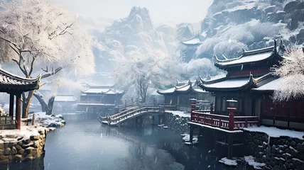 Fotobehang Winter landscape ancient chinese city embankment, chinese new year. © kichigin19