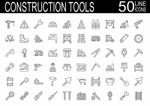 Construction line icons set. Home repair tools outline icons collection. Construction tools, builders and equipment symbols. Builder, crane, engineering, equipment, helmet, tool, house - Vector illust