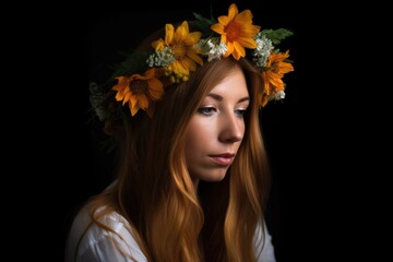 Fototapeta premium a beautiful young woman holding her flower crown headpiece while isolated on black