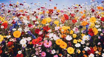 field of flowers, flowers in the field, colored flowers under the sky, colored flowers, flowers field