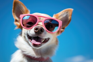 Happy Dog wearing sunglasses on beach against the blue sky, sunny day