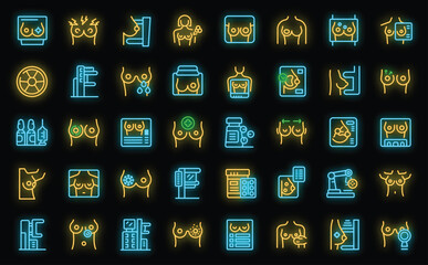 Mammogram icons set outline vector. Woman cancer. Room lab neon color on black