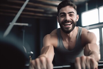 Fototapeta na wymiar shot of a cheerful young man working out on an exercise rower