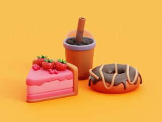 3D Render Strawberry Cake, Chocolate Donut and Boba Drink Illustration