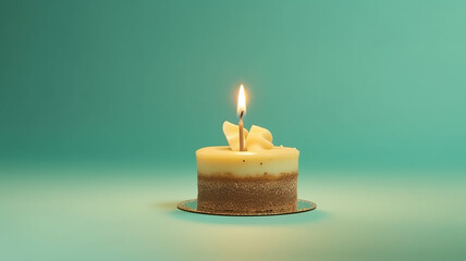 cheesecake with a candle on a mint background copy space.