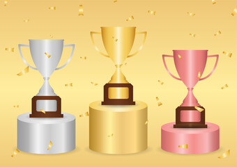 Pedestal Podiums or Winner Podium with Trophy Cup Gold, Silver and Bronze. Vector Illustration on Golden Background. 