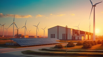 landscape wind generation and solar panels clean energy concept. Generative AI