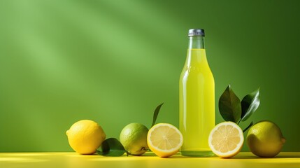 Electrolyte drink with cold pressed lemon and yuzu juice in a glass bottle, minimalist still life