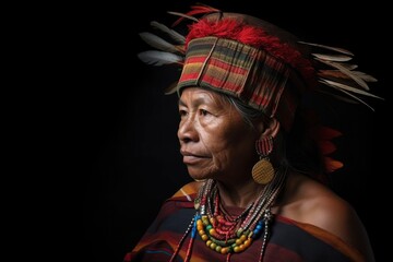 studio shot of an indigenous woman wearing a traditional headdress