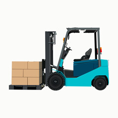 Forklift in a realistic style. Side view, with items on a palette. The forklift is blue. on a white background.vector illustration