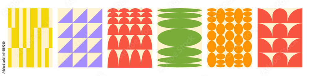 Poster Abstract set backgrounds of naive geometric shapes. Brutal geometrical figure wave patterns. Trendy retro vector illustration