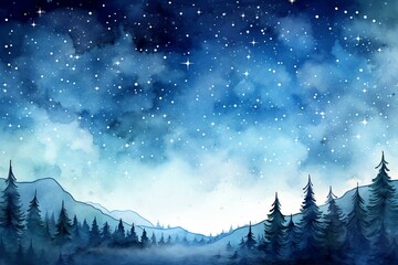 Illustration of blue watercolor starry skies landscape. Generative AI
