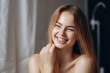 Naklejka premium woman, shampoo and happy with smile for clean hair or salon service