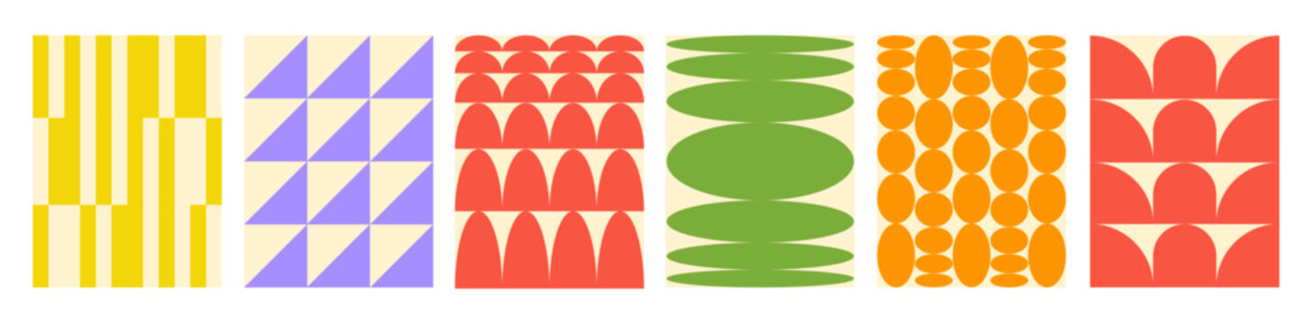 Abstract set backgrounds of naive geometric shapes. Brutal geometrical figure wave patterns. Trendy retro vector illustration