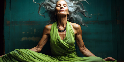 woman in a lime-green maxi dress holds a yoga pose