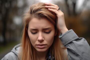stress, headache or woman in pain with depression, panic or mental breakdown while walking