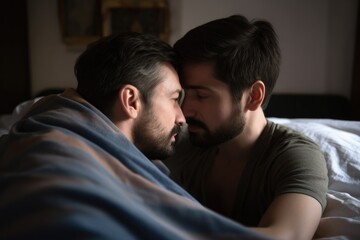 love, gay and portrait of a couple in bed, affectionate romance and hug
