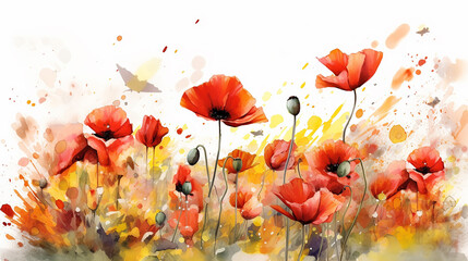 red poppies watercolor delicate drawing of wild flowers in a field on a white background.