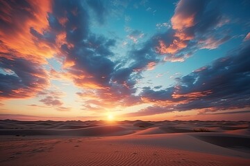 A bright wide angle photo of a sunrise or sunset in the desert. Travel and adventure concept