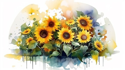 sunflowers watercolor round composition for print.