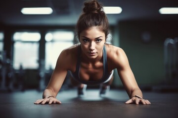 shot of a young woman doing push ups at the gym - obrazy, fototapety, plakaty
