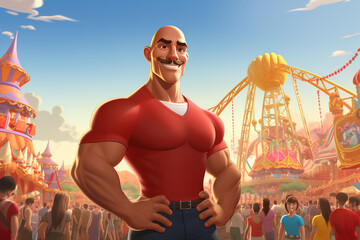 Cartoon style illustration of a strong moustached smiling athlete in a red T shirt at a fair