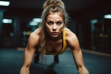 Fototapeta na wymiar portrait of a young woman doing push ups at the gym