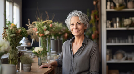 Senior flower shop owner with grey hair standing in her shop. Generative AI