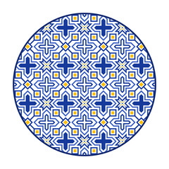 Porcelain plate with traditional blue on white design in Asian style. design pattern for background, plate, dish, bowl, lid, tray, salver, vector illustration art embroidery. geometric star pattern.