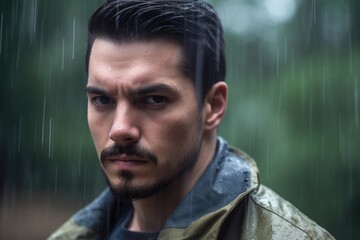 Fototapeta premium portrait of a handsome young man standing outdoors in the rain