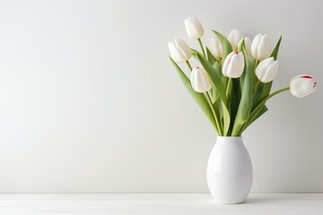 Tulips in a white vase, placed in a pristine white room. Generative AI