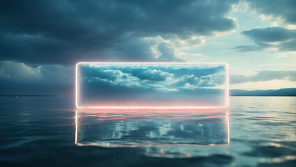 Cloud and water surface with a rectangular white neon