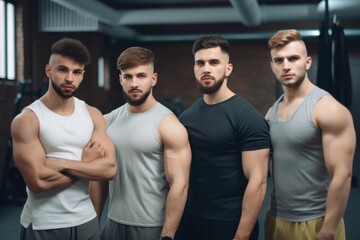 Fototapeta na wymiar portrait of a group of sporty young men standing together at the gym