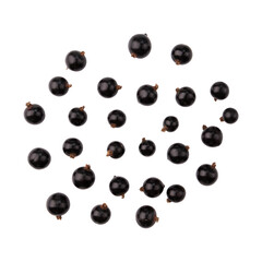 heap of black currant berries isolated on white background with clipping path, top view
