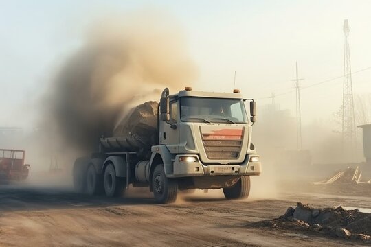 Concrete mixer truck on construction site delivering concrete for building structures in smoke/fog. Excellent for advertising and design transportation. Generative AI