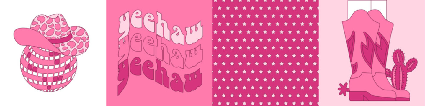 Collection of retro Cowboy square cards with Pink Cowgirl boots, hat, star pattren, lettering quote. 1960s vintage preppy set. Cowboy western and wild west theme. Hand drawn contour vector poster.