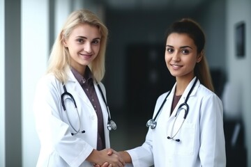 closeup portrait of a young female doctor shaking hands with her colleague