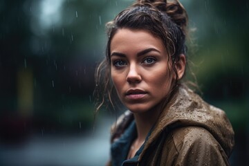 shot of an attractive young woman standing outside in the rain