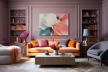 Enhance your living space with a lovely mauve and peach sitting room featuring vibrant interior design concepts. Generative AI