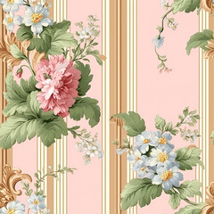 Seamless pattern, tileable striped pink floral country style print for wallpaper, wrapping paper with English countryside rose flowers for scrapbook, fabric and product design