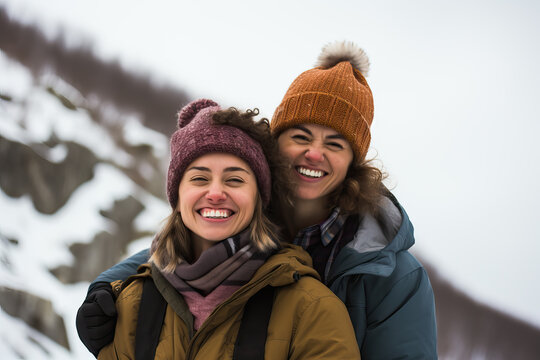 two women hiking outdoors in the snow, ai generated
