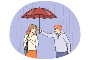 Caring young man sharing umbrella with pretty woman outdoors. Smiling male gentlemen protect female from rain outside. Vector illustration.