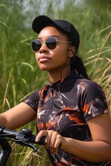 cycling, black woman outdoor and fitness for health, wellness and exercise in nature with mockup