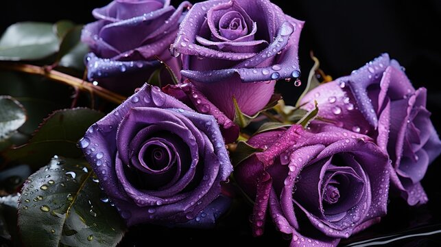 Bouquet of purple roses with water drops on a black background. Mother's day concept with a space for a text. Valentine day concept with a copy space.